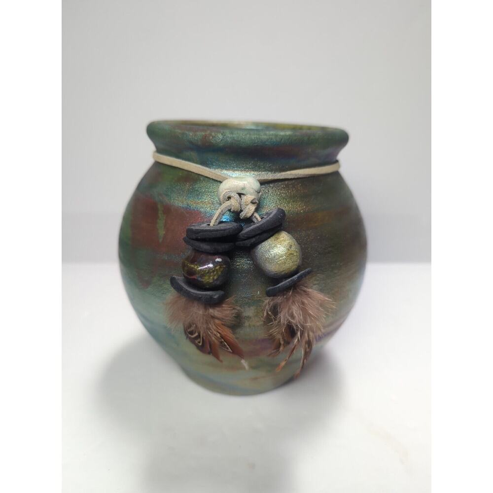 J Diller Raku Pottery Vase Iridescent Metallic Colors Raku Beads Feathers SIGNED
